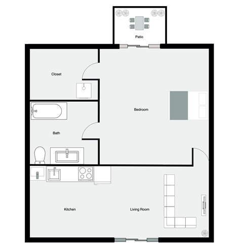 Floor plan for 1 bed, 1 bath, 500 sqft